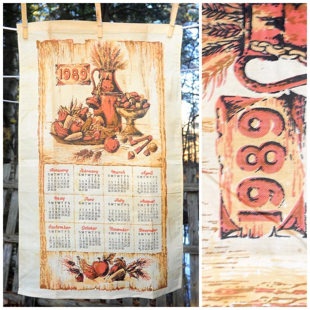 Vintage 1989 Cotton Calendar Towel Fruit Tray, Nuts & Milk Can Harvest Scene